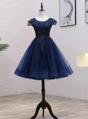 Navy Blue Tulle Beaded Knee Length Cap Sleeves Prom Dresses, Blue Homecoming Dresses