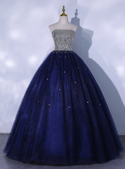 Navy Blue Tulle Beading Sequins Quinceanera Dress