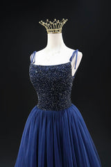 Navy Blue Tulle Beads Long A-Line Prom Dresses, Elegant Spaghetti Strap Backless Evening Dresses