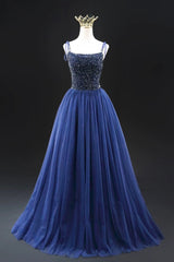 Navy Blue Tulle Beads Long A-Line Prom Dresses, Elegant Spaghetti Strap Backless Evening Dresses