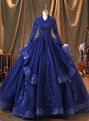 Navy Blue Tulle Long Sleeve Appliques Beading Quinceanera Dress