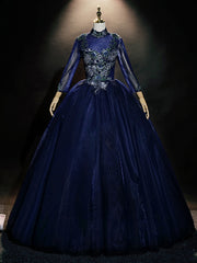 Navy Blue Tulle Long Sleeve Appliques Quinceanera Dress