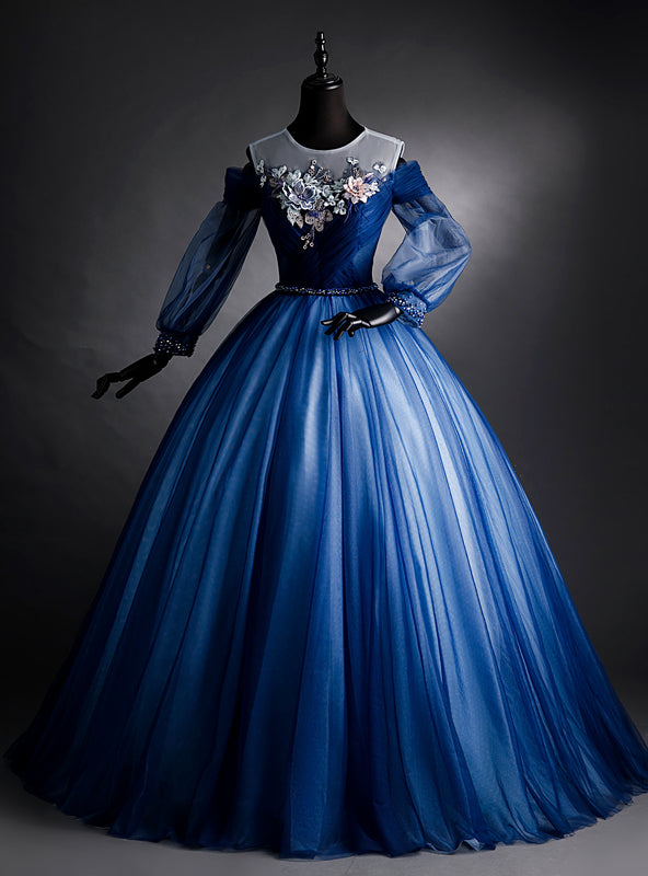 Navy Blue Tulle Long Sleeve Backless Quinceanera Dress