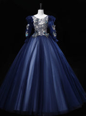 Navy Blue Tulle Long Sleeve Embroidery Sequins Quinceanera Dresses