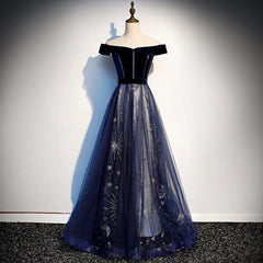 Navy Blue Tulle Off Shoulder Velvet Top Long Party Dresses, Blue Evening Dresses Prom Dresses