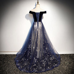 Navy Blue Tulle Off Shoulder Velvet Top Long Party Dresses, Blue Evening Dresses Prom Dresses