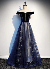 Navy Blue Tulle Off Shoulder Velvet Top Long Party Dresses, Blue Evening Dresses Prom Dresses