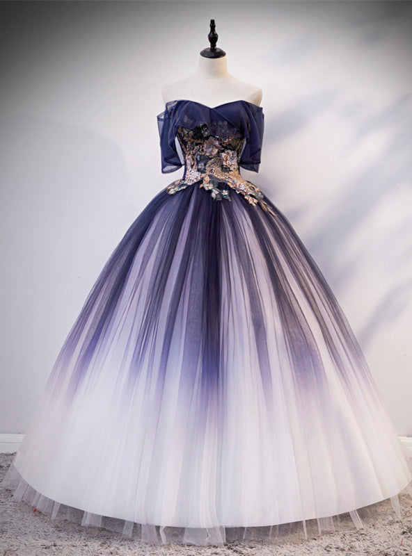 Navy Blue Tulle Off the Shoulder Appliques Quinceanera Dress