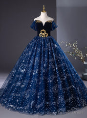 Navy Blue Tulle Sequins Beading Long Quinceanera Dress