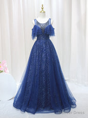 Navy Blue Tulle Sequins Beading Sleveless Prom Dress