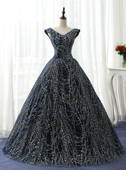 Navy Blue Tulle Sequins Bling Bling Quinceanera Dresses