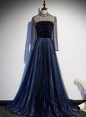 Navy Blue Tulle Sequins High Neck Long SLeeve Beading Prom Dress