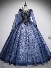 Navy Blue Tulle Sequins Long Sleeve Appliques Quinceanera Dress