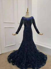 Navy Blue Tulle Sequins Long Sleeve Beading Prom Dress