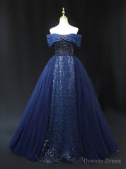 Navy Blue Tulle Sequins Off the Shoulder Beading Prom Dress