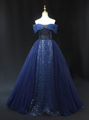 Navy Blue Tulle Sequins Off the Shoulder Beading Prom Dress