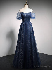 Navy Blue Tulle Sequins Off the Shoulder Puff Sleeve Prom Dress