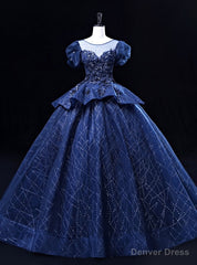 Navy Blue Tulle Sequins Puff Sleeve Appliques Quinceanera Dress