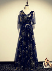 Navy Blue Tulle Sequins V-neck Short Sleeve Prom Dress