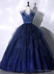 Navy Blue Tulle Spagehtti Straps Quinceanera Dress