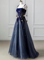 Navy Blue Tulle Spaghetti Straps Prom Dress