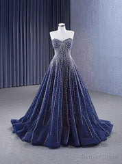 Navy Blue Tulle Sweetheart Beading Prom Dress