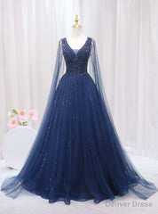 Navy Blue Tulle V-neck Beading Prom Dress