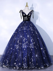 Navy Blue Tulle V-neck Print Quinceanera Dresses