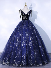 Navy Blue Tulle V-neck Print Quinceanera Dress