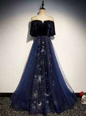 Navy Blue Tulle Velvet Embroidery Short Sleeve Prom Dress