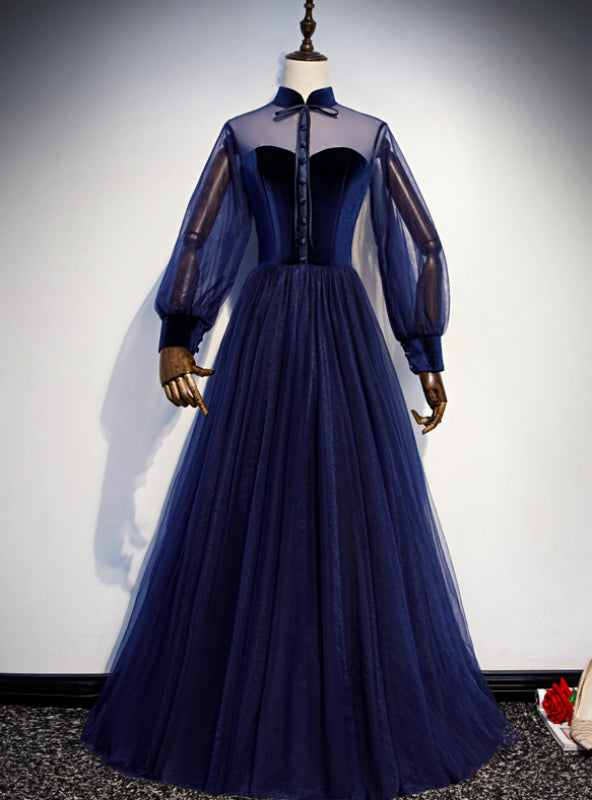 Navy Blue Tulle Velvet Long Sleeve Prom Dress