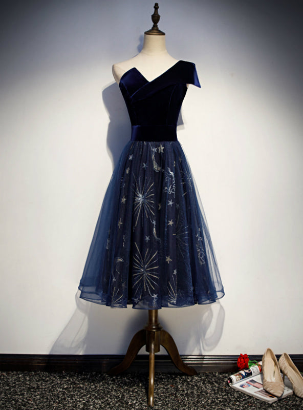 Navy Blue Tulle Velvet One Shoulder Tea Length Prom Dress