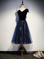 Navy Blue Tulle Velvet One Shoulder Tea Length Prom Dress