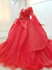 Never Miss Out On Red Ball Gown Tulle Sequins Long Sleeve Beading Appliques Wedding Dresses