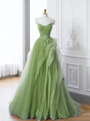 New Arrival A-Line Tulle Lace Green Long Prom Dresses, Green lace Long Formal Dresses