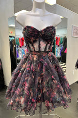 Flower Prints Strapless A-line Tulle Ruffled Homecoming Dresses