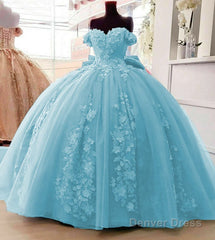 Off Shoulder Ball Gown Quinceanera Dresses 3D Floral Applique Gowns