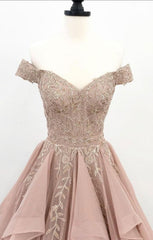 Off Shoulder Dusty Champagne Lace Long Evening Prom Dresses, Evening Party Prom Dresses