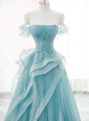 Off Shoulder Lace-up Formal Dresses,Blue Birthday Dresses Pretty Prom Dresses