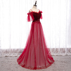 Off Shoulder Wine Red Velvet and Tulle Party Dresses, A-line Tulle Floor Length Prom Dresses