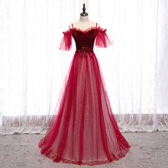 Off Shoulder Wine Red Velvet and Tulle Party Dresses, A-line Tulle Floor Length Prom Dresses