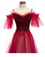 Off Shoulder Wine Red Velvet and Tulle Party Dresses, A-line Tulle Floor Length Prom Dresses