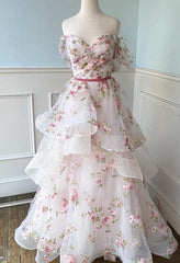 Off the Shoulder A-line Floral Wedding Dresses with Ruffle Skirt