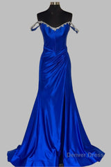 Off the Shoulder Beaded Blue Mermaid Prom Dress with Slit