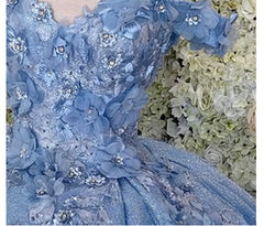 Off the shoulder blue ball gown , sparkly prom Dresses with flowers