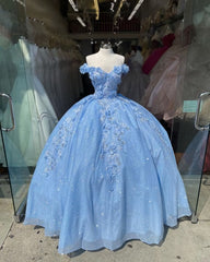 Off the shoulder blue ball gown , sparkly prom Dresses with flowers