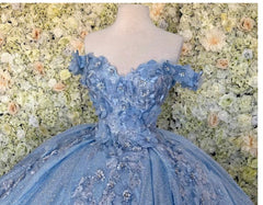 Off the shoulder blue ball gown , sparkly prom Dresses with flowers