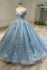 Luxury Blue Strapless Formal Dresses Applique Quinceanera Ball Gowns