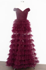 Off the Shoulder Dark Berry Pleated Sheer Tiered Prom Dresses