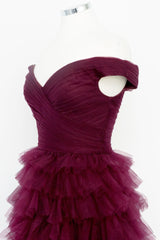 Off the Shoulder Dark Berry Pleated Sheer Tiered Prom Dresses